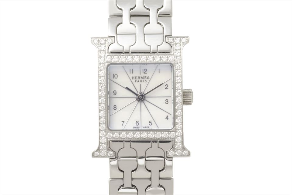 エルメス Hウォッチ ミニ ダイヤベゼル シェル文字盤 腕時計 レディース
