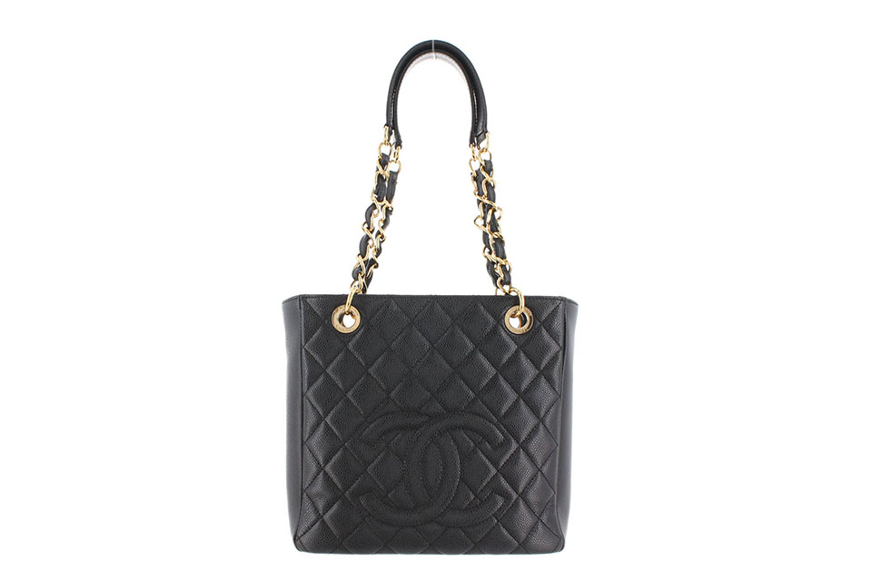 PSTトート　チェーンショルダー　キャビアスキン　黒　ゴールド金具