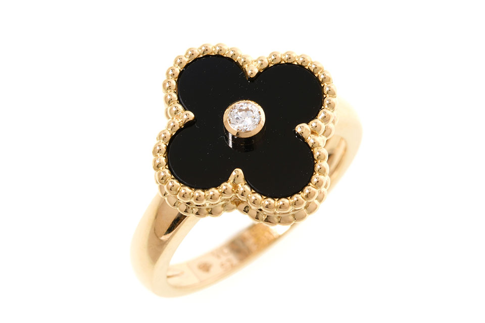 ヴィンテージアルハンブラ　リング　K18YG/オニキス　1Pダイヤ　#52　VCARA41052