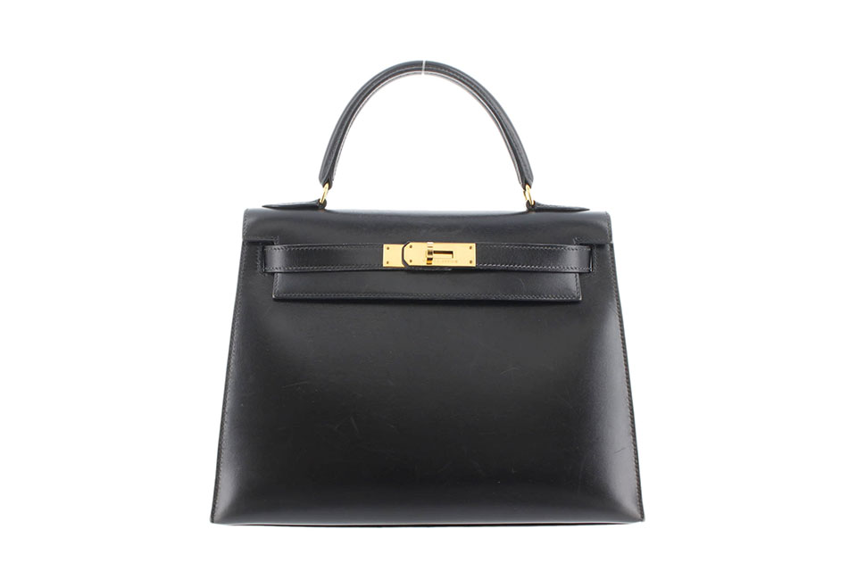 ケリー28　外　ボックスカーフ　黒　ブラック　ゴールド金具