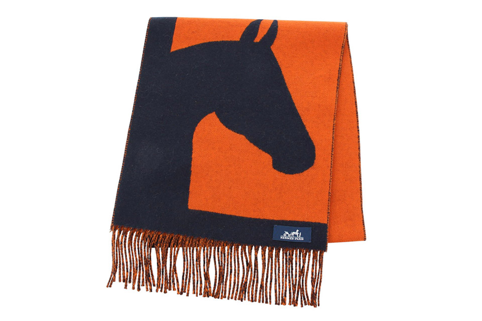 カシミヤマフラー　ラブストーリー　オレンジ/ネイビー　新品同様