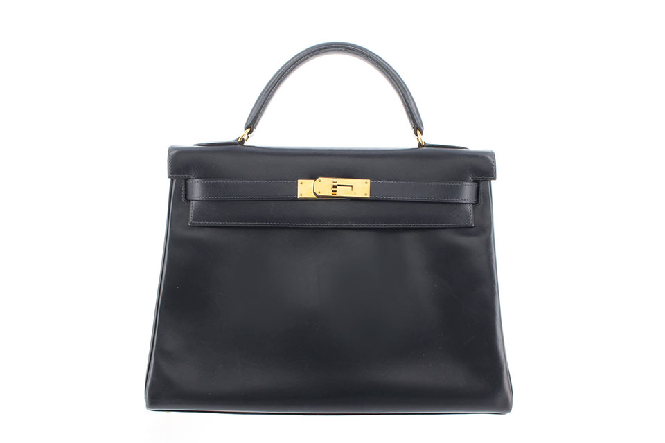 ケリー32　内　ボックスカーフ　ネイビー　ゴールド金具