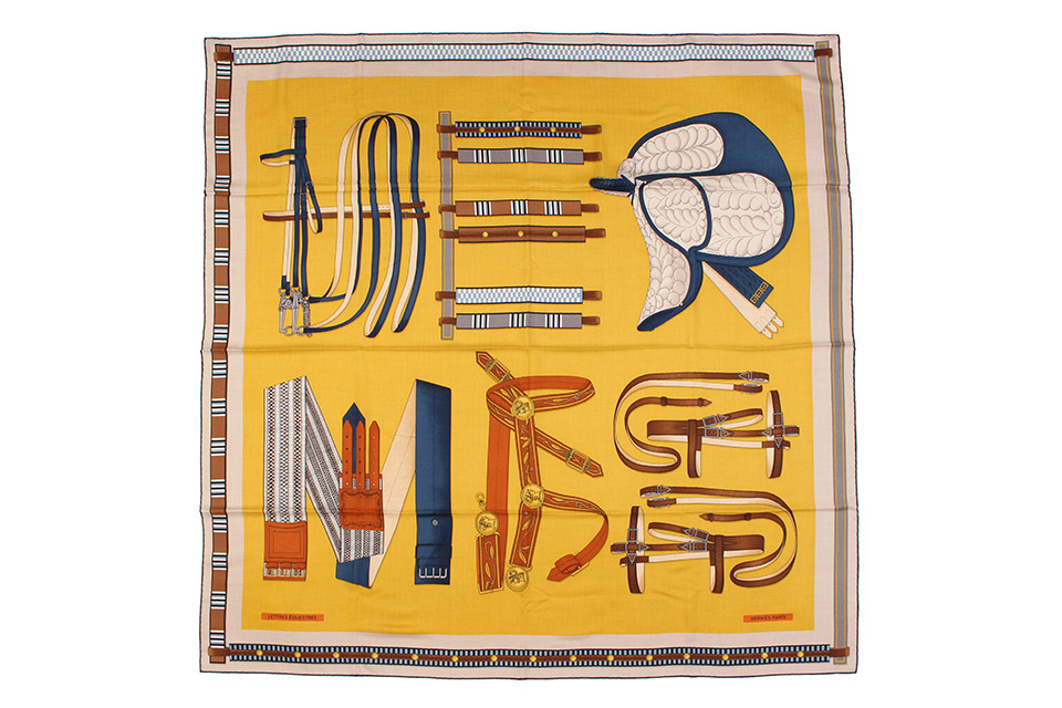 大判ストール　カレ140　カレジェアン　レトル　エスケトル　シルク/カシミア　ベージュ/イエロー/ブラウン　未使用