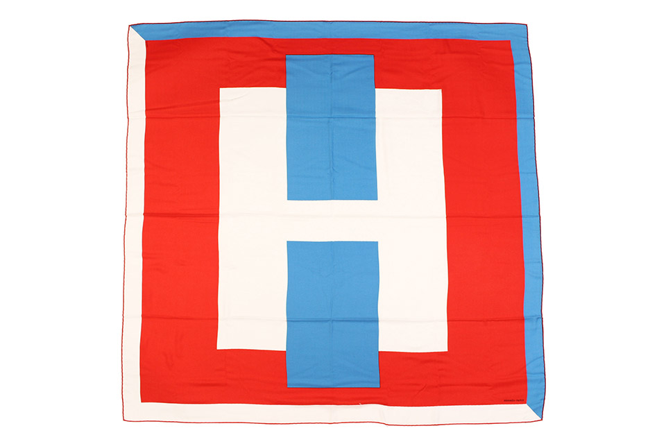 大判ストール　カレ140　カレジェアン　Hパッサン　シルク/カシミア　ルージュ/ブルー/ブラン　未使用