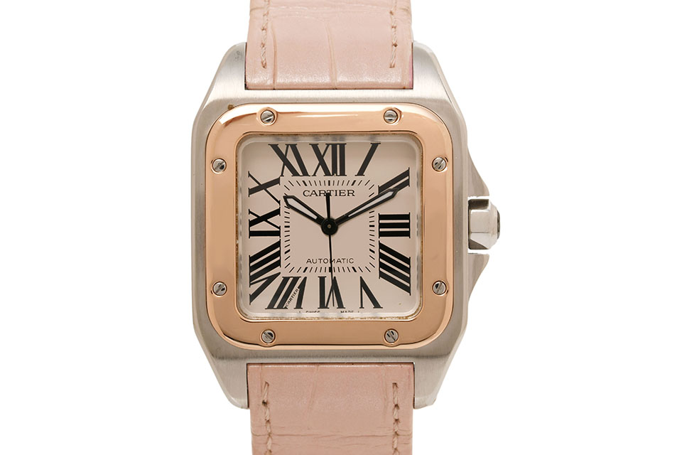 サントス100　MM 　コンビ　SSPG/クロコダイルレザー　シルバー文字盤　W20107X7　自動巻　ボーイズ