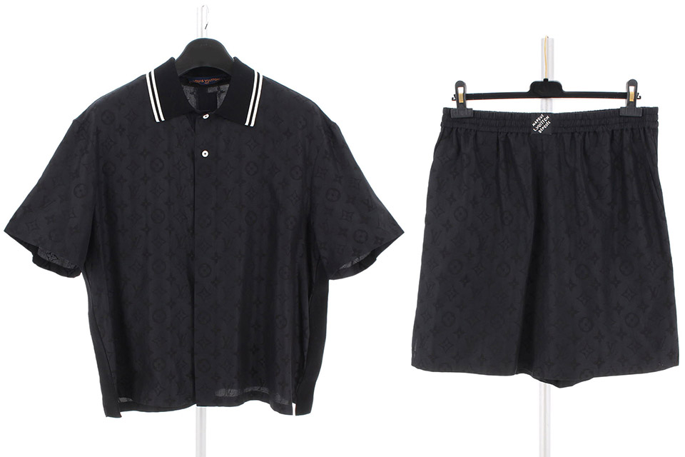 モノグラム柄　セットアップ　ブラウス・ショートパンツ　黒　メンズXL