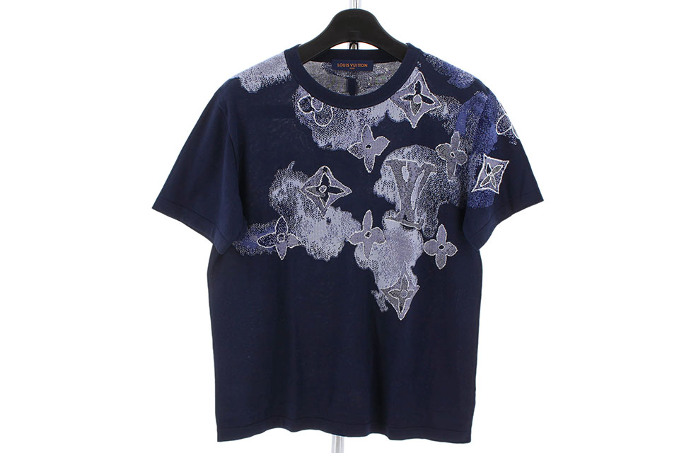 モノグラム柄　半袖Tシャツ　カットソー　ネイビー　メンズL