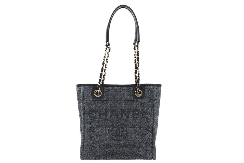 ドーヴィルライン　トートMM　ファブリック/レザー　グレー/ブラック　シャンパンゴールド金具　A66939　新品同様