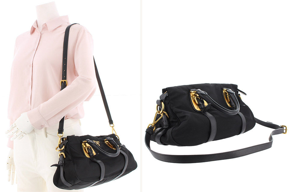 美品　PRADA プラダ　2way ハンド　ショルダーバッグ　黒　レザー PRADA プラダ 2WAYハンドバッグ 黒 ナイロン×レザー BN1903 スト 2WAY