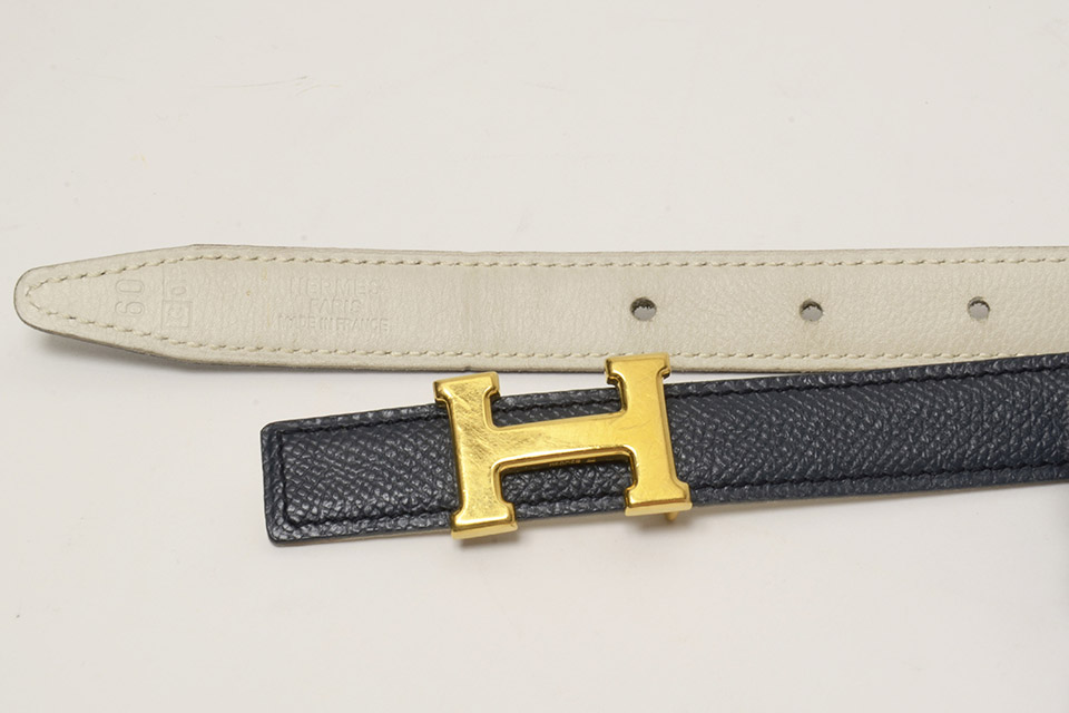 エルメス H型 バックル ベルト ネイビー×ホワイト Hベルト ミニミニコンスタンス レザー ネイビー/ホワイト ゴールド