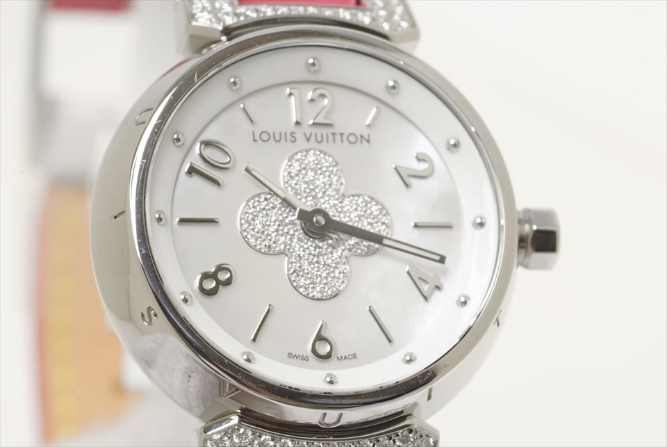 【LOUIS VUITTON】ルイ・ヴィトン タンブール フォーエバー Q121P ステンレススチール×レザー 茶 クオーツ アナログ表示 レディース シルバーシェル文字盤 腕時計