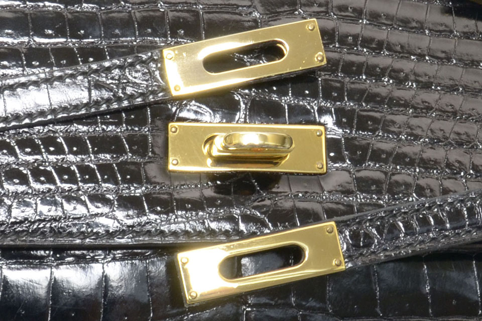 ハンドバッグ ケリー型 クロコダイル 黒 ゴールド金具